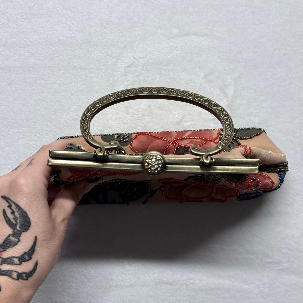 Vintage Beaded Floral Evening Clutch Purse Bag Metal Handle‎ - Picture 5 of 9